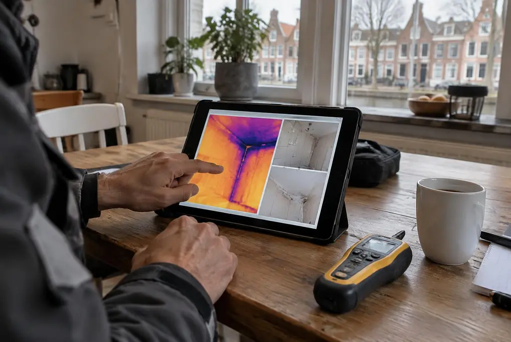 Lekdetectie Emst – lekdetectierapport met warmtebeelden en foto's op een tablet
