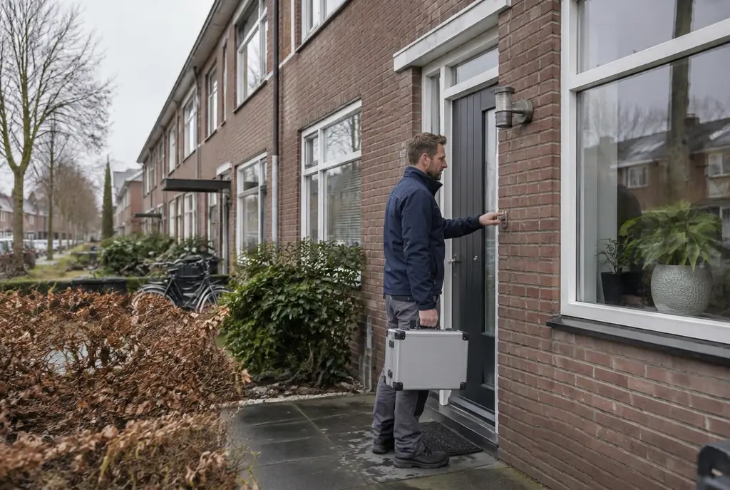 Lekdetectiespecialist met meetkoffer bij de voordeur van een woning in Emst